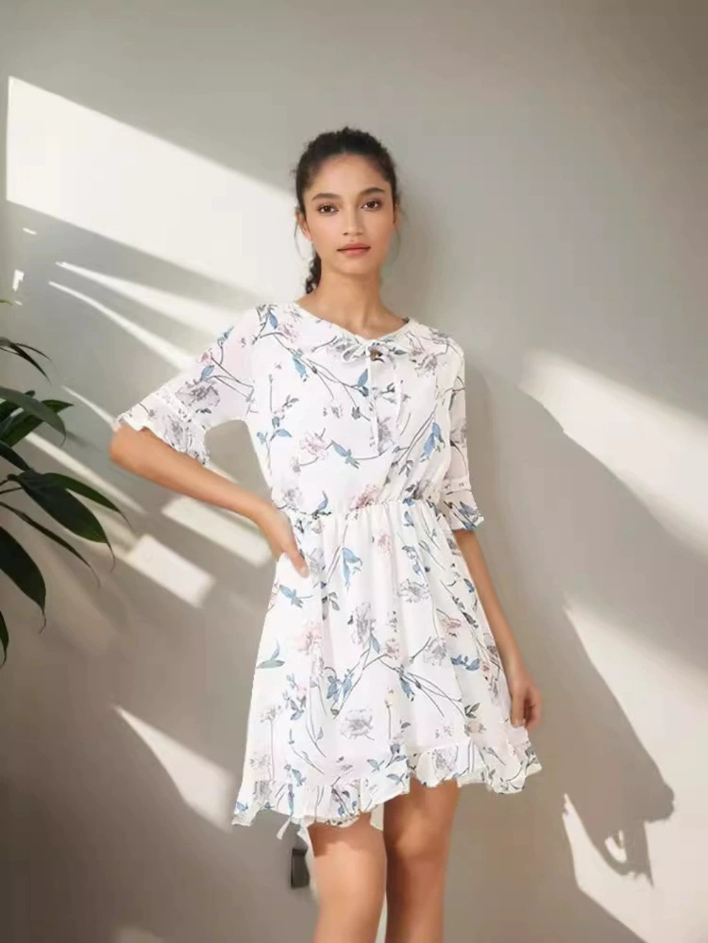 Zara Summer Floral Chiffon Dress Trumpet Sleeve Slim Fit